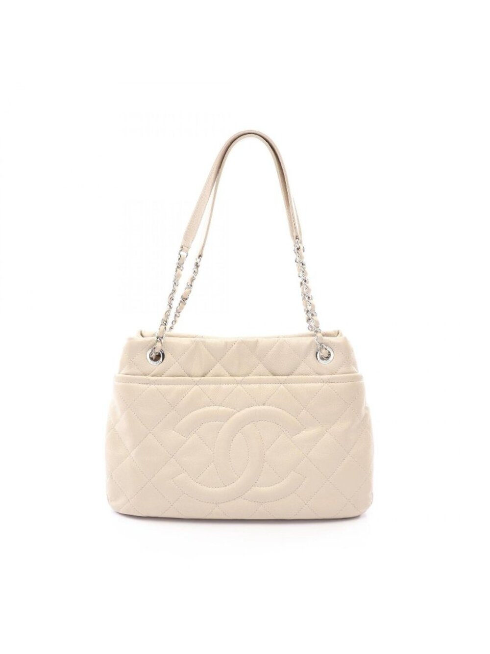 Chanel Tote Bag Quilted Ivory Caviar Leather CC Logo Chain